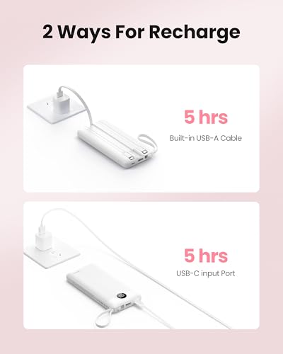 Portable Power Bank, 10000mAh Slim Portable Charger with Built-in Cables, External Battery Pack 5 Outputs 2 Inputs LED Display Compatible with iPhone/Android & More (White) - color: White