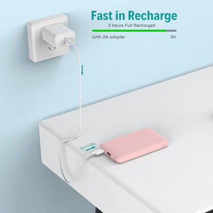 Sethruki Smallest Portable Charger with Built-in Cables 5000mAh,Ultra Slim Power Bank,Mini High Speed External Battery Packs,Lightweight USB C Phone Charger for iPhone Samsung Google Android (Pink) - color: pink