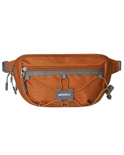 WATERFLY Small Fanny Pack RFID Blocking Travel Hiking Crossbody Waist Bag | Anti-theft design, Water resistant, Lockable zipper, Hidden rear pocket, Lightweight hip belt bag, EDC Running, Cycling, Gym - color: Brown