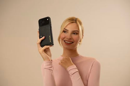 Bandolier Mila Leather Crossbody MagSafe Phone Case iPhone 17 Pro- Black/P | Crossbody leather phone case. Built-in card-holder. Adjustable & removable strap. MagSafe Design. Phone drop protection. - color: Black/Pewter, size: Iphone 17 Pro