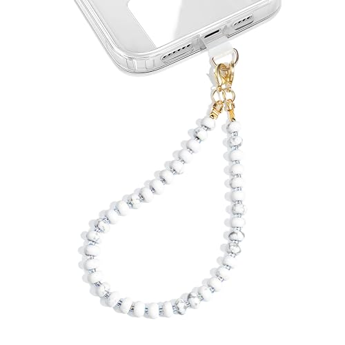 Natural Stone Beaded Phone Wrist Strap for Women, 304 Steel Core - color: Marble-white
