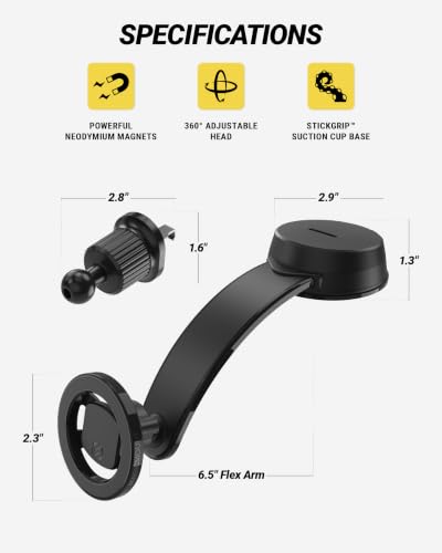 Scosche MagicMount MS Flex MagSafe Phone Holder for Car, Magnetic Phone Mount with StickGrip Suction Cup for Dashboard & Windshield, Includes Vent Clip for Vent Mount, Compatible with iPhone & Android
