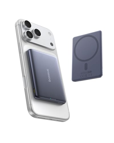 Baseus Picogo Power Bank, Smallest 7.5W MagSafe Portable Charger, 0.5" Ultra Slim 5000mAh Magnetic Battery Pack, Alloy Wireless Charger for iPhone 17 Pro Max/17 Air/16 Series