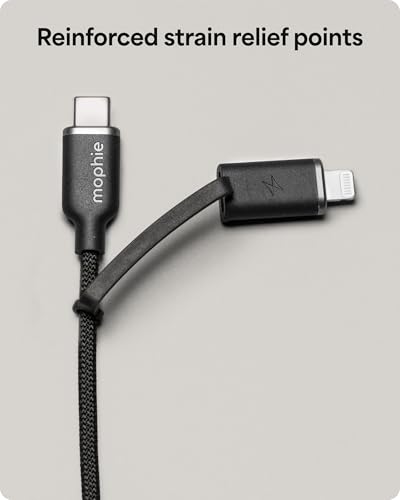 Mophie Charge Stream USB-C to USB-C 1m/3ft Cable with Lightning Adapter - 60W Fast-Charge Universal Charging Cable, MFi Certified, Dual Tip Adapter, Braided, Durable for iPhone, iPad, Android, MacBook - size: 3 feet, style: USB-C to USB-C w/Lightning Adap