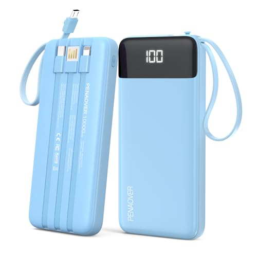 Portable Charger Built-in Cables,10000mAh Fast Charge Power Bank for iPhone - color: Blue
