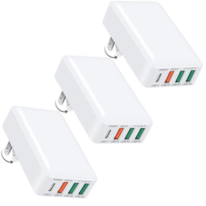 Flat USB C Charger, OKRAY 40W 4-Port Fast Charging Block Foldable Wall Plug - color: White - 3Pack