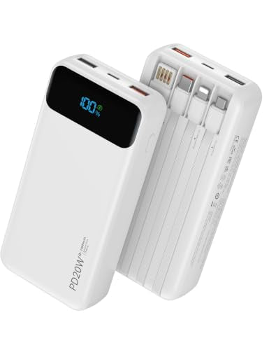 Nusyddy Portable Charger 20000mAh with 4 Built-in Cables & 6 Outputs White - color: Ivory