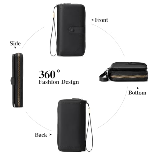 GAEKEAO Leather Credit Card Holder Wallet for Women RFID Blocking Large Capacity Bifold Zipper Card Case Organizer with Wristlet 45 Slots - color: Black02