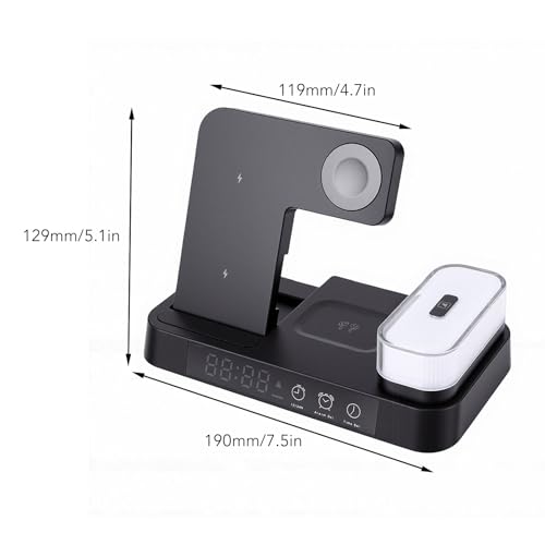 ASHATA 4 in 1 Wireless Charging Station 3 in 1 Stand with Digital Alarm Clock 7 Color Night Light for Phone Watch Earbuds (Black) - color: Black