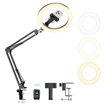 Upgrade Ring Light with Stand, Overhead Phone Mount for Desk, 10” Selfie Light with Stand Tripod for iPhone, Light with Phone Holder for Video Recording,Zoom Meeting,Live Streaming Tiktok,YouTube