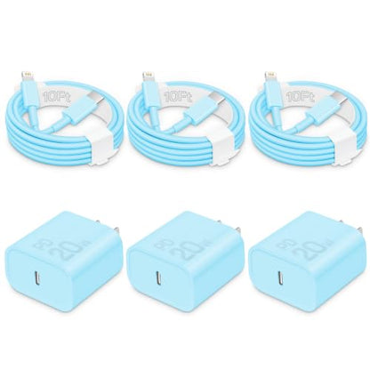CXX 20W Fast Charger for iPhone 14/13/12 [3-Pack, MFi Certified] - color: Blue, size: 10FT