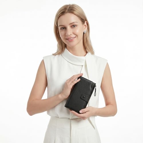 YALUXE Women's Real Leather Wallet RFID Protect 21 Card Slots Phone Pocket - color: 9- Pebbled Black, size: Genuine Leather