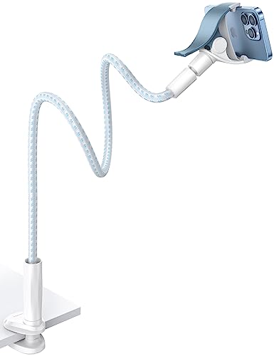 Aomiker Gooseneck Phone Holder for Bed - [Upgrade Nylon Braid] 38” Flexible Lazy Arm Clip, 360 Adjustable Overhead Phone Mount for iPhone 16 15 14 13 12 11 Pro Max Mini Plus, 4-7" Cellphone - White - color: White