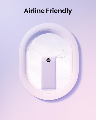 Portable Charger with Built-in Cable, 10000mAh Slim USB C Power Bank, External Battery Pack 5 Outputs 2 Inputs LED Display Compatible with iPhone/Android & More (Lavender) - color: Lavender