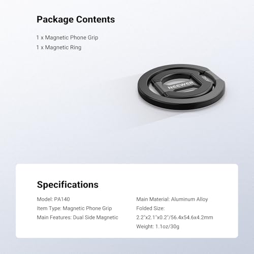 NEEWER Magnetic Phone Grip, Dual Side Magnet Cell Phone Ring Holder Stand Foldable Kickstand Portable Compatible with MagSafe iPhone Samsung Android for Car Mount Workout Gym Video Recording, PA140 - style: PA140