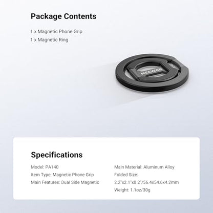 NEEWER Magnetic Phone Grip, Dual Side Magnet Cell Phone Ring Holder Stand Foldable Kickstand Portable Compatible with MagSafe iPhone Samsung Android for Car Mount Workout Gym Video Recording, PA140 - style: PA140