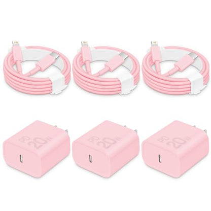 CXX 20W Fast Charger for iPhone 14/13/12 [3-Pack, MFi Certified] - color: Light Pink, size: 6FT