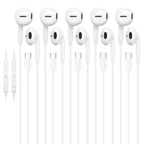 5 Pack USB C Headphones with Microphone Volume Control for iPhone 17/16/15 Pro Max iPad Plus Type-C USB-C Wired Earbuds USB Type C Earphone for Samsung S25 Ultra S24 S23 S22 （1.2M/4Ft）