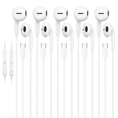 5 Pack USB C Headphones with Microphone Volume Control for iPhone 17/16/15 Pro Max iPad Plus Type-C USB-C Wired Earbuds USB Type C Earphone for Samsung S25 Ultra S24 S23 S22 （1.2M/4Ft）