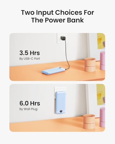 Portable Charger Built-in Cables and Wall Plug, 10000mAh Slim USB C Power Bank, LED Display External Battery Pack Compatible with iPhone/Android & More (Blue) - color: Blue