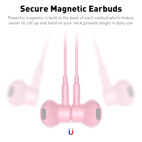 USB C Headphones Magnetic Wired Earbuds with Mic for Apple/Samsung Android - color: Pink