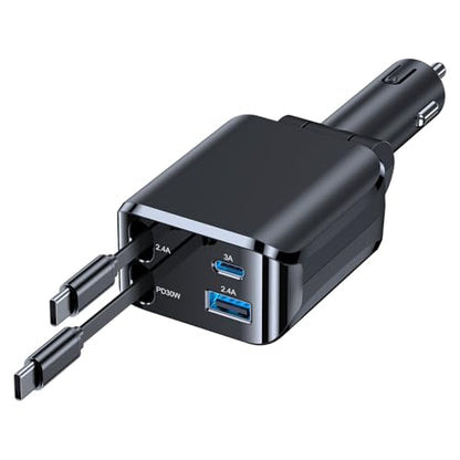 Retractable Car Charger, Car Phone Charger with Cables Fast Charging, USB C Car Charger Adapter for iPhone 17 16 15 14 13 12, Samsung