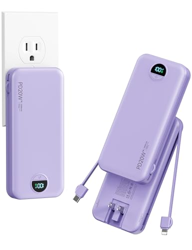 Portable Charger Power Bank 10000mAh with Built in Cables & Wall Plug - color: Violet