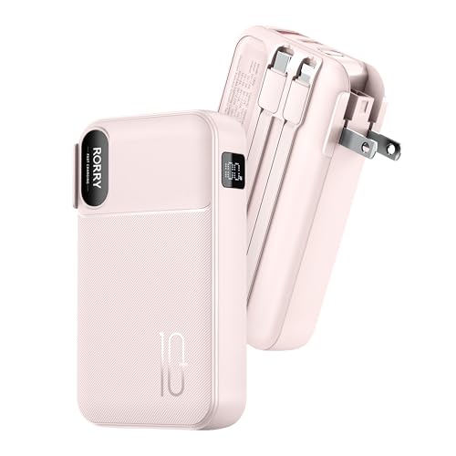 RORRY Portable Charger 3 in 1 with Wall Plug 10000mAh Power Bank for iPhone - color: Pink