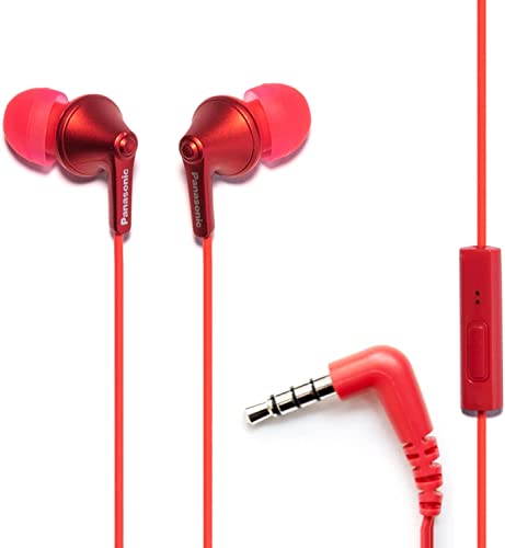 Panasonic ErgoFit Wired Earbuds with Microphone, 3.5mm Jack Headphones with Mic and Call Controller, Ergonomic Custom-Fit Earpieces (S/M/L), for Phones and Laptops - RP-TCM125-R (Red) - color: Red, size: S/M/L, style: With Mic