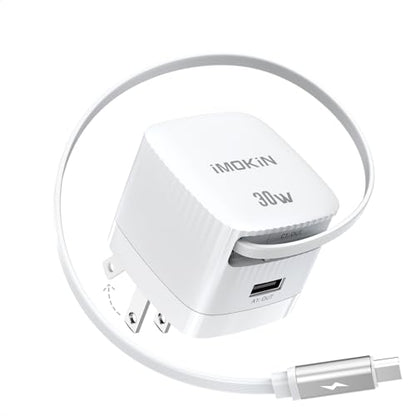 USB-C Charger Block, 30W Max GaN 2 Port Fast Charging w/Built-in Retractable C Cable & Foldable Plug, PD/PPS for iPhone 16Pro Max/16/Pixel 9 pro/Galaxy/iPad/MacBook,Compact Travel Charger - color: 30W*White