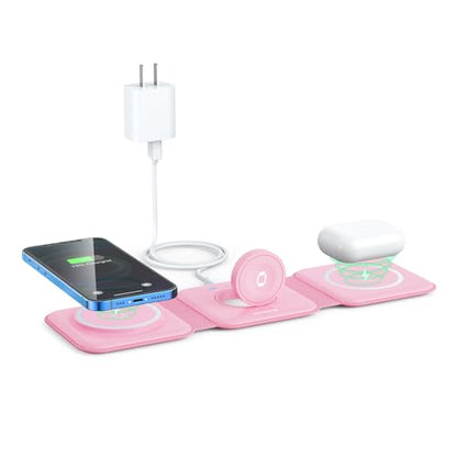 3 in 1 Wireless Charging Station for Apple,Foldable Magnetic Travel Charger - color: deep pink