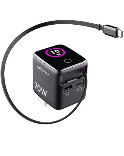 70W/65W GaN USB C PD Charger, Retractable USB C Charger with AI Digital Display - Travel Laptop Power Adapter, PPS 45W 25W Fast Charging for iPhone 17 16, iPad, MacBook, Galaxy S26, Pixel 10