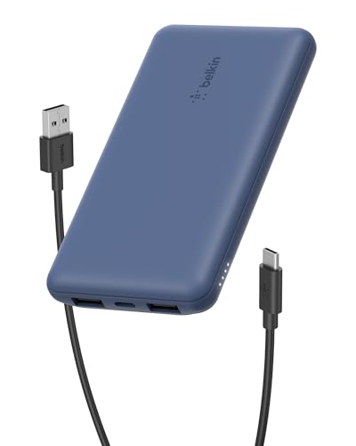 Belkin 10000mAh 15W 3 Port Power Bank, USB A to USB C Cable Included | Fast Charging, iPhone 17, Samsung Galaxy, Pixel, Airpods, iPad, Nintendo Switch 2, Battery Pack, USB C Port, USB A Port - color: Blue