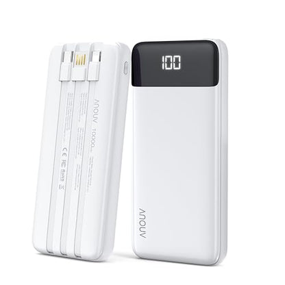 Portable Charger Power Bank w/Built-in Cables 10000mAh LED Display, White - color: White