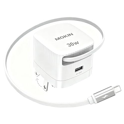 Fast Charger for iPhone 16 Pro Max, 30W GaN USB-C Charger Block, 2 Port w/Built-in Retractable C Cable & Foldable Plug, PD/PPS for iPhone 16 Series/Pixel 9 pro/Galaxy/iPad (USB C Cable)