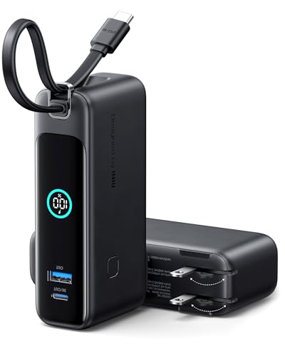 INIU Portable Charger, 10000mAh 30W Fast Charging Power Bank, Built-in USB C Cable and Foldable AC Plug, Travel Essentials Battery Pack for iPhone 16 15, Samsung S25 S24, MacBook
