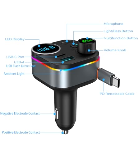 Bluetooth 5.4 FM Transmitter, 72W Car Charger with 45W Retractable USB-C PD