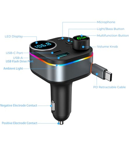 Bluetooth 5.4 FM Transmitter, 72W Car Charger with 45W Retractable USB-C PD