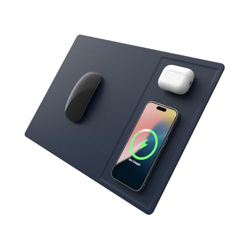 POUT H3 PRO Dual Qi Wireless Charging Mouse Pad – Dual Fast Wireless Chargers for Smartphones and Earbuds – Smooth Surface with Anti-Slip Base for Home and Office Use (Frost Blue)