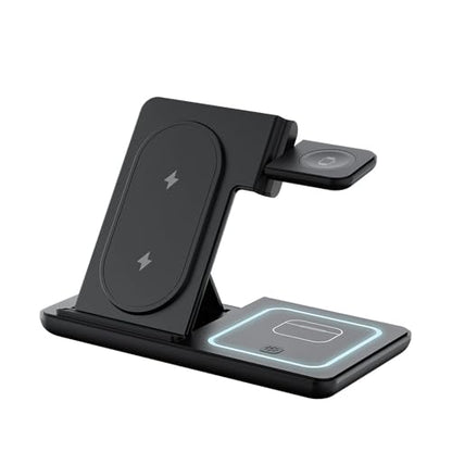 3-in-1 Wireless Fast Charging Station Foldable Stand Compact Design for Phones, Watches and Earbuds for Home Office Travel-Black - color: Black