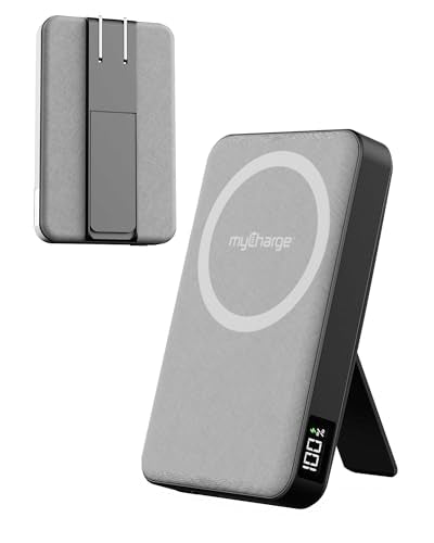 myCharge CliqLuxe+ Magnetic Wireless Power Bank 10,000mAh | iPhone & MagSafe Compatible | Qi2.2 25W Mag Safe Portable Charger | Built-in Wall Plug & Stand | 20W PD USB-C Port | Premium Grey Fabric - size: 10K, style: With Wall Plug (Grey)