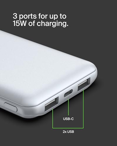 Belkin 10000mAh 15W 3 Port Power Bank, USB A to USB C Cable Included | Fast Charging, iPhone 17, Samsung Galaxy, Pixel, Airpods, iPad, Nintendo Switch 2, Battery Pack, USB C Port, USB A Port - color: Pearl Blue