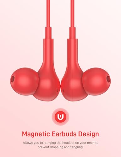 USB C Headphones for Apple/iPhone Duo 18 17 16 15 Wired Earbuds with Case - color: Red