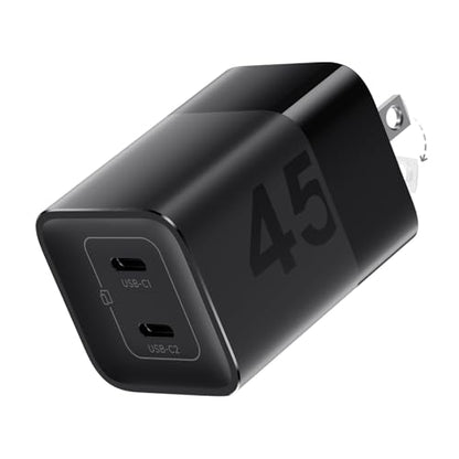 wegear 45W USB C Charger, 2 Port GaN Fast Charging with PPS, Foldable Wall Charger Block for iPhone 18/17/16, iPad, Galaxy S25/S24, Pixel 10/9 (Black) - color: Black