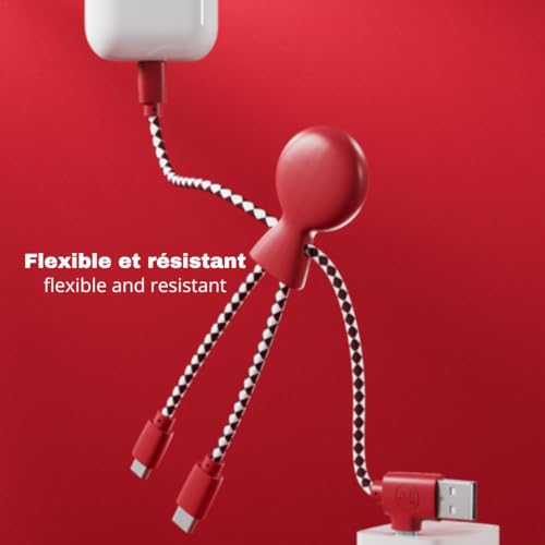 Xoopar Multi USB Cable 4 in 1 - Universal Charger Made from Recycled Plastic - USB, USB-C, Lighting, Micro USB Ports - Compatible with All Smartphones Mr Bio RED Octopus - color: Red
