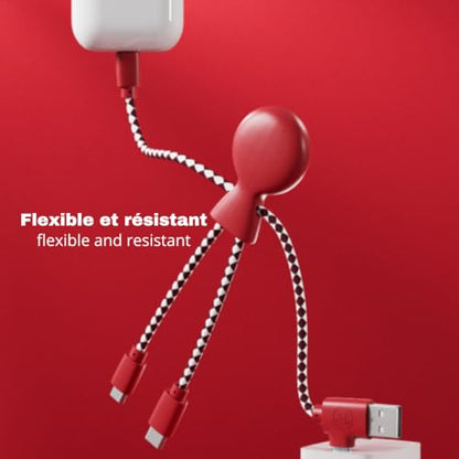 Xoopar Multi USB Cable 4 in 1 - Universal Charger Made from Recycled Plastic - USB, USB-C, Lighting, Micro USB Ports - Compatible with All Smartphones Mr Bio RED Octopus - color: Red