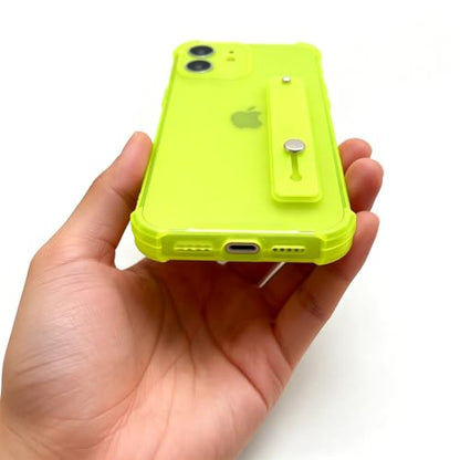 Compatible for iPhone 12 Case with Strap Holder Stand - Neon Green | Wristband Kickstand, Clear Soft TPU, Adjustable Finger Hand Grip Loop, Shockproof Bumper Rugged Cover - color: Neon Green, size: iPhone 12 6.1"