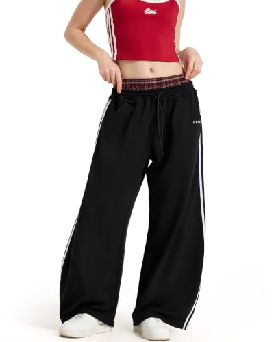 Women's Baggy Barrel Sweatpants, Double Waist Striped Wide Leg Pants - color: Black, size: X-Small