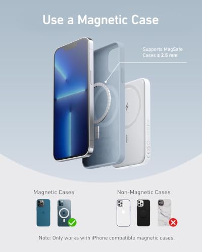 Anker 621 MagGo Power Bank, 5,000mAh Magnetic Portable Charger | Travel Essential Battery Pack with USB-C Cable, Compatible with iPhone 16 / 15 / 14 / 13 / 12 Series - color: White, size: 4.13 x 2.62 x 0.45 inches