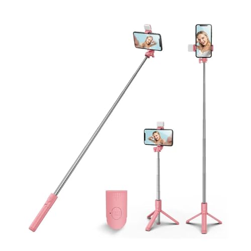XIHAMA Selfie Stick Tripod with Light,3 in 1 Extendable Selfie Stick with Wireless Remote,Portable Phone Tripod Stand Compatible with iPhone 16 15 14,Samsung Smartphone and More - color: Pink+Light